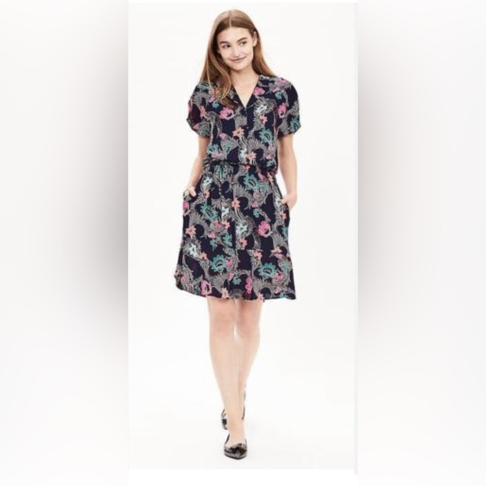 Banana Republic Navy Shirt Dress Floral Bird Crane size 10